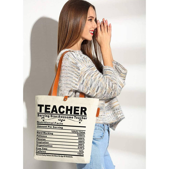 So'each Canvas Leather Zippered Tote Bag Teacher Gift Handbag Shoulder Bag - Picture 3 of 15